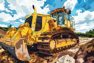 A large yellow bulldozer sitting on top of a pile of dirt. Suitable for construction and industrial concepts