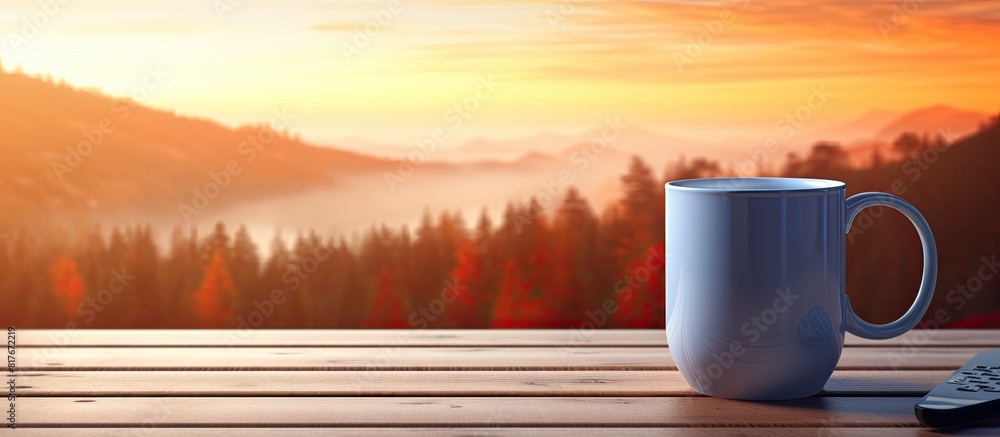 Poster A mug is placed on a desk with copy space image