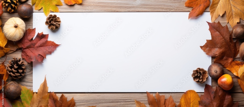 Aufkleber Top view of a copy space image featuring a fall themed background composed of leaves chestnuts pinecones and white square paper