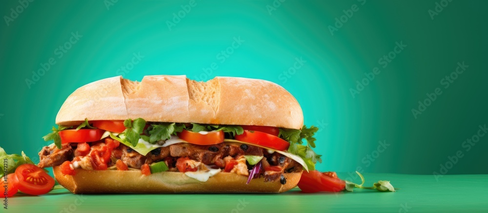 Poster a delicious ciabatta sandwich displayed on a colorful background with plenty of copy space