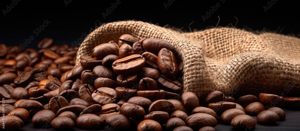 Aufkleber coffee beans on a burlap sack with copy space image
