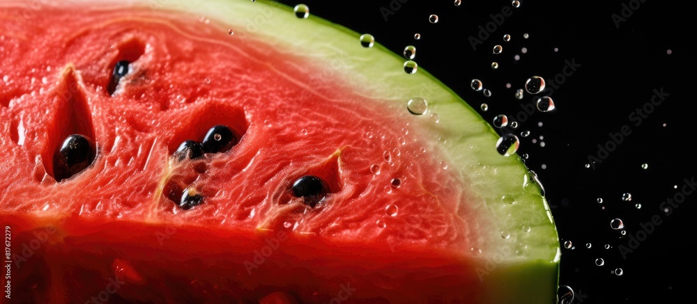 Poster A close up image of a watermelon sliced open revealing its seeds with empty space for text. Creative banner. Copyspace image