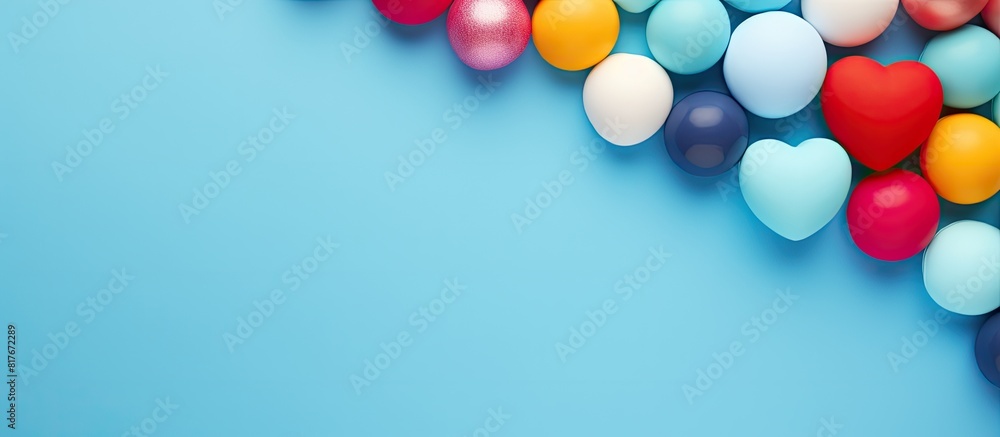 Poster a love themed flat lay concept with small colorful balls arranged around the copy space on a blue ba