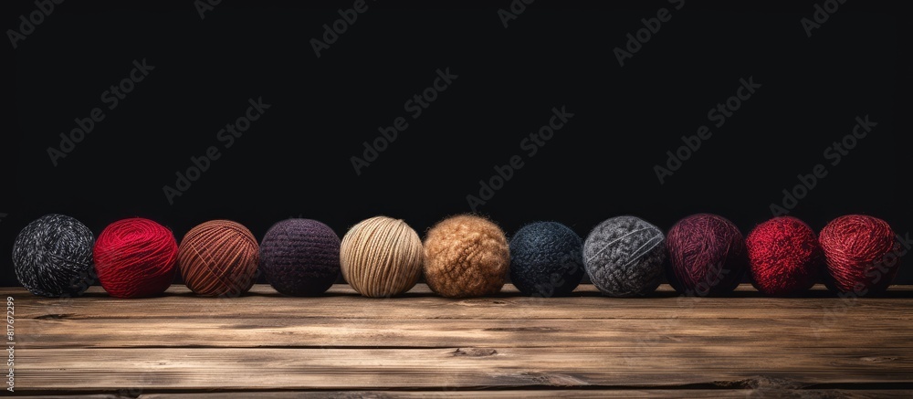 Poster A copy space image of wool balls arranged on a rustic wooden table
