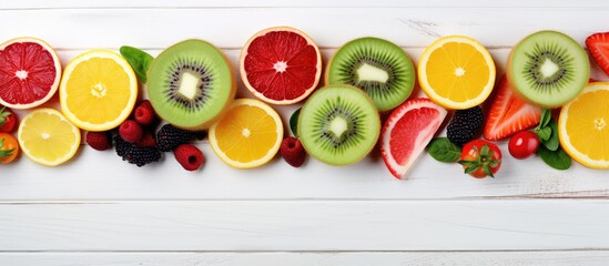 A copy space image of fresh fruit and vegetables neatly sliced and arranged on a rustic white...