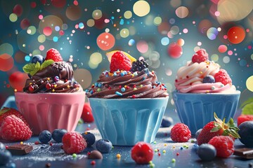 Different chocolate muffins and cakes in bowls with berries and fruits