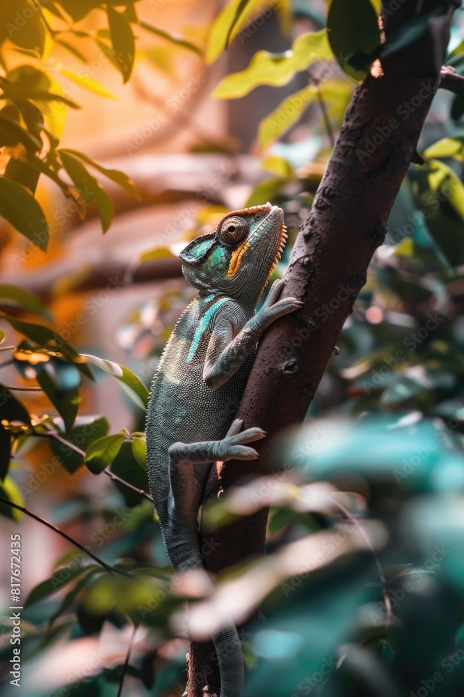 Aufkleber a chameleon lizard perched on a tree branch. suitable for nature and wildlife concepts