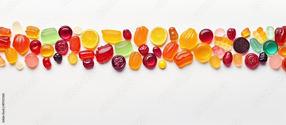 Poster a flat lay copy space image depicting a variety of colorful candies jelly and marmalade placed on a 