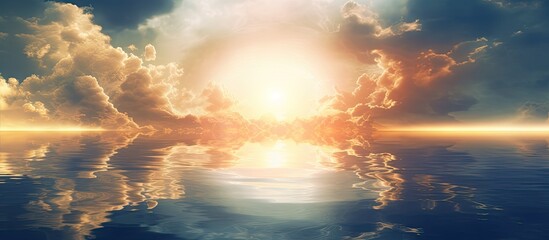 A stunning wallpaper featuring a serene image of the sun s reflection on a water pool surrounded by clouds Perfect as a copy space image