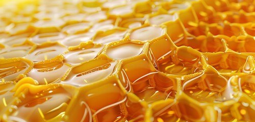 Abstract background, texture and pattern of a section of wax honeycomb from a bee hive filled with golden honey 