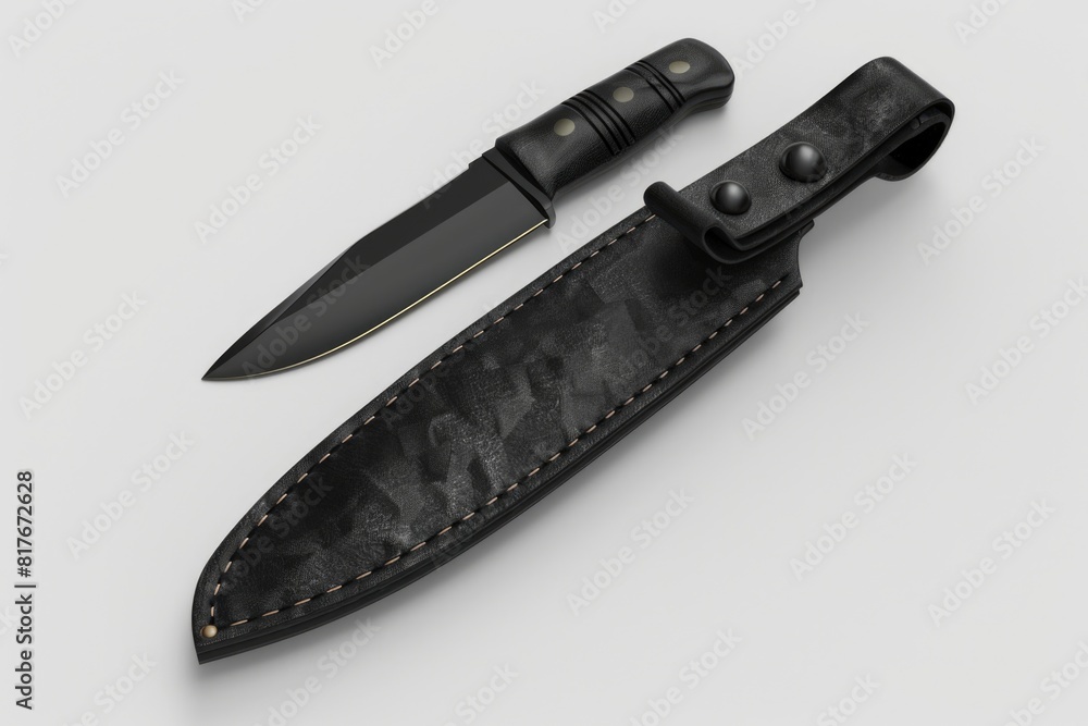 Poster a knife and sheath on a white surface. suitable for various themes