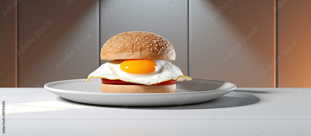 Aufkleber Copy space image of a ceramic plate featuring a hamburger roll topped with an over hard fried egg set against a light background