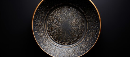 The copy space image showcases a beautifully crafted ceramic plate meticulously made by hand set against a contrasting black backdrop