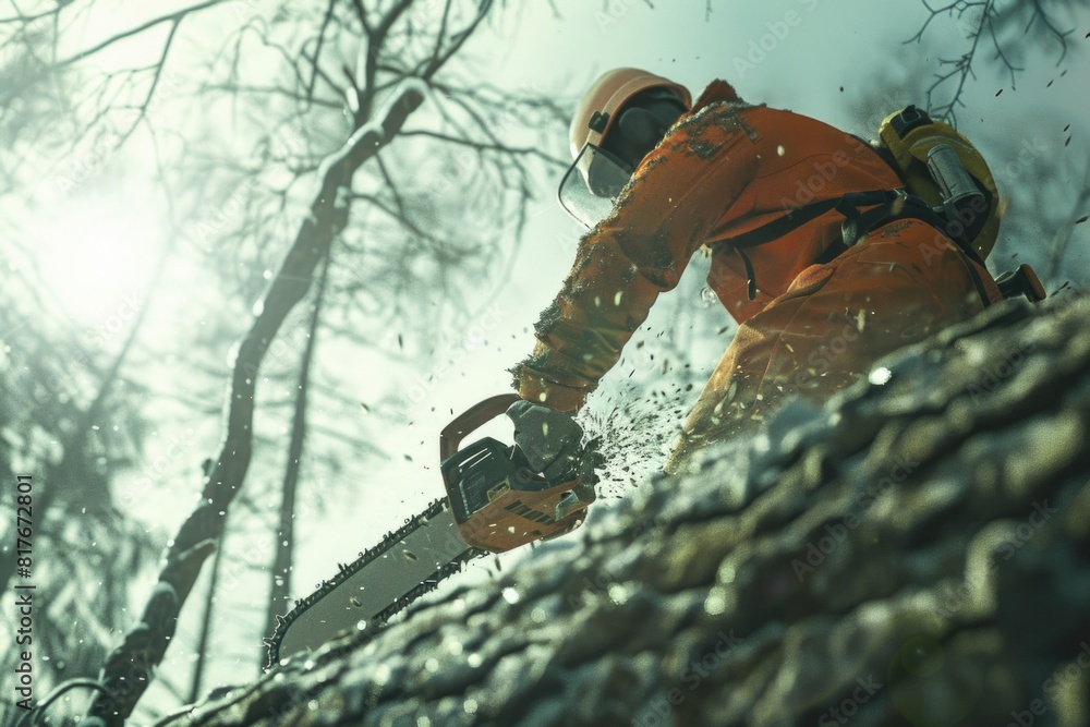 Poster a man in an orange jacket using a chainsaw to cut a tree. suitable for forestry or lumber industry c