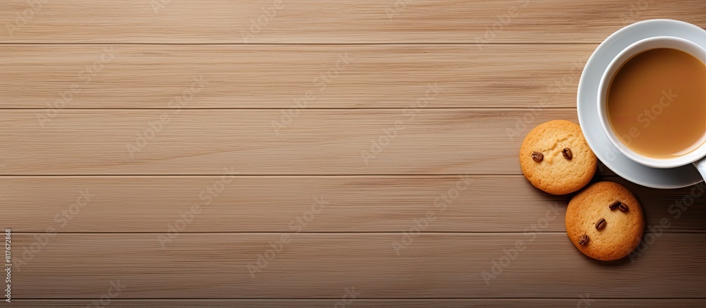 Poster A top down view of a table with a cookie a cup of tea and a blank background for adding text or images. Creative banner. Copyspace image