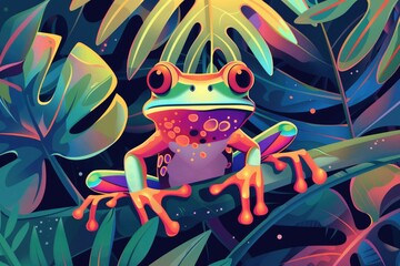 A vibrant frog perched on a leafy tree, suitable for nature-themed designs