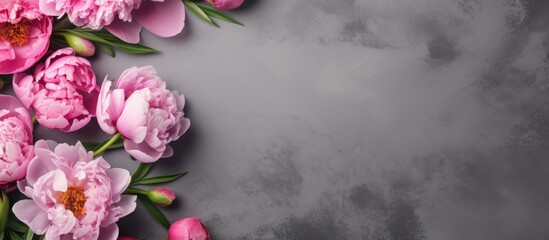 A top down view of pink and white peony flowers with a tag placed on a gray stone background offering ample space for your text or design