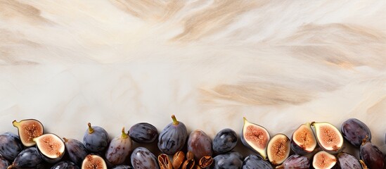 Closeup of a marble board with delectably arranged dried figs on a bright table providing ample space for text in the image