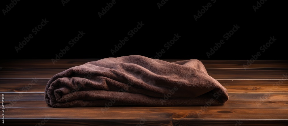 Poster the image showcases a towel laid on top of a dark wooden background leaving ample space for other el