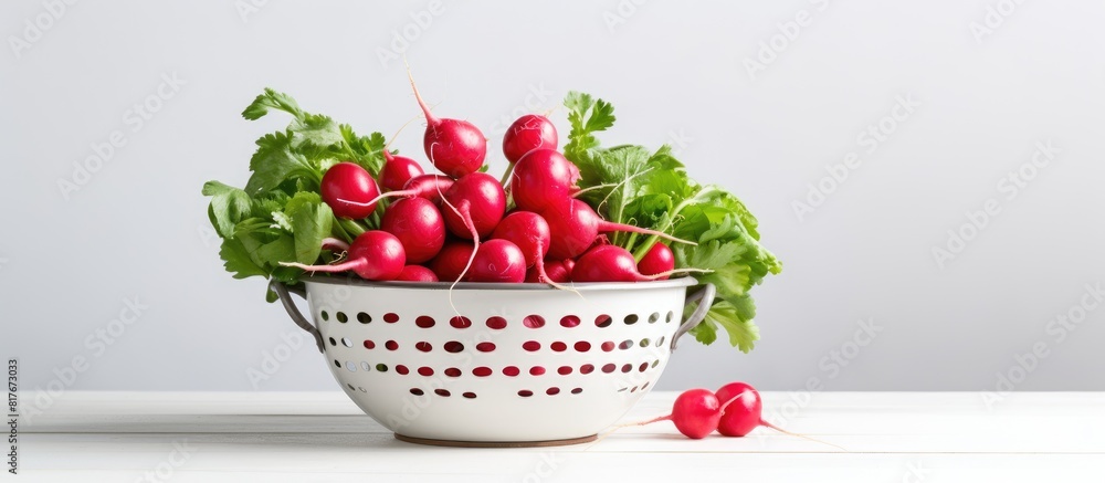 Poster a colander filled with fresh radishes is placed against a white tile backdrop providing ample copy s