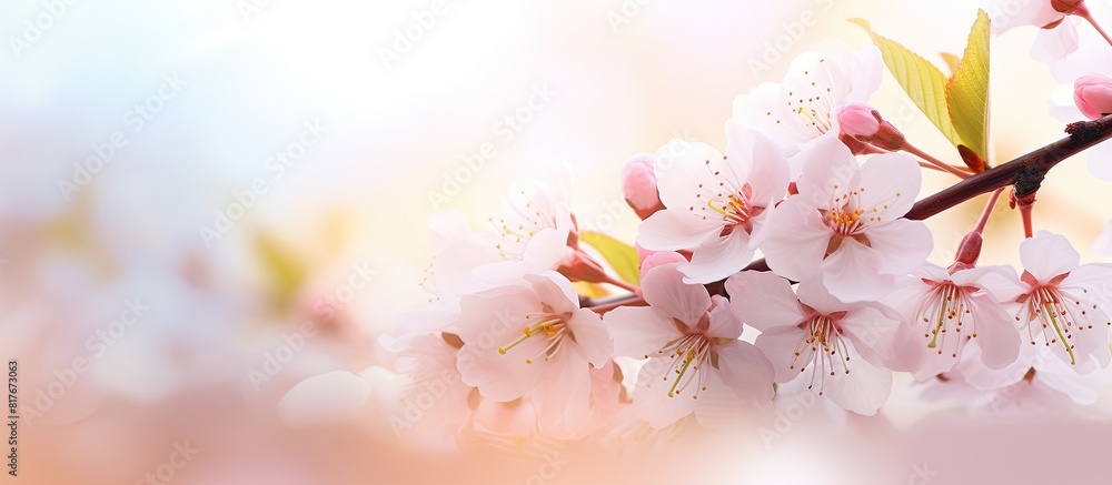 Poster soft pastel toned card featuring a beautiful springtime cherry blossom with bokeh background for cop