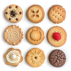 A variety of cookies and pastries on a white surface. Perfect for bakery or dessert concept