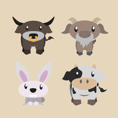 Cute illustrations of buffalo, goat, rabbit, and cow farm animals