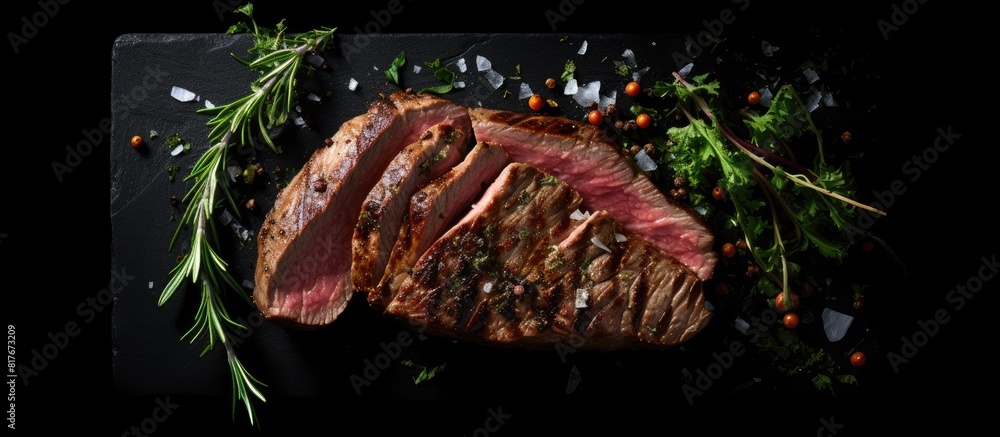 Poster a rare grilled flank steak sliced and presented on a black background showcasing the marbled beef to