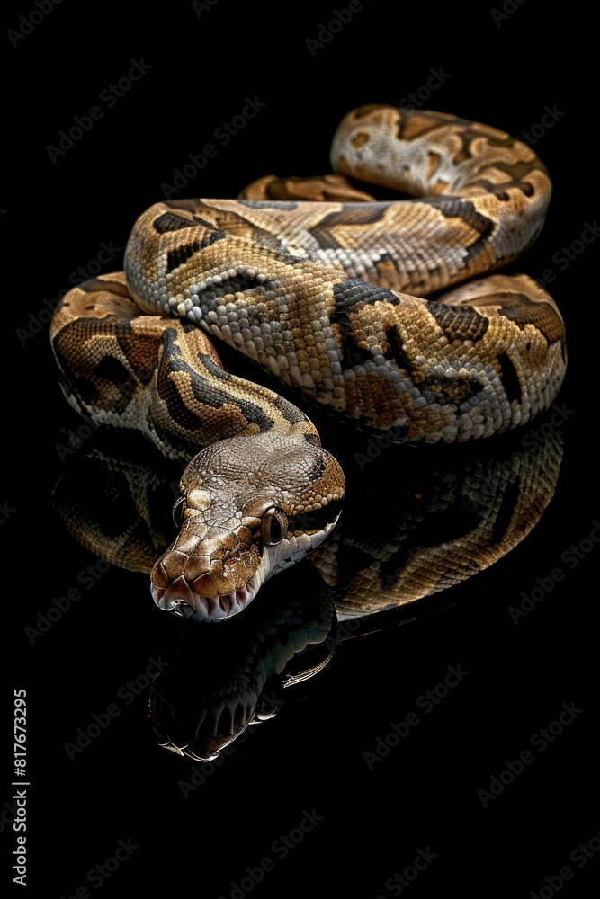 Poster close up shot of a snake on a black surface. suitable for nature and wildlife themes