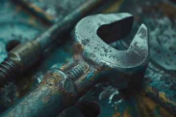 Close up of a wrench on a table, suitable for industrial concepts