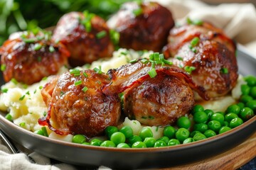 Bacon wrapped meatballs with peas and mashed potatoes on plate