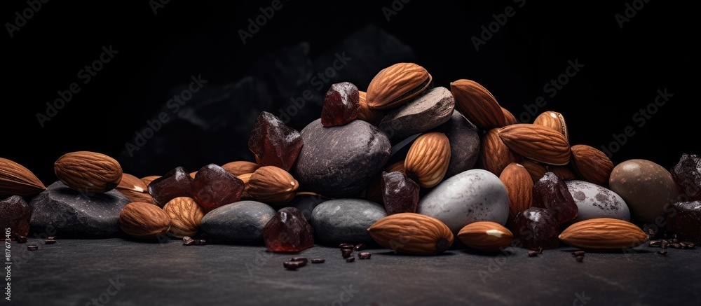 Aufkleber a copy space image of dark chocolate covered nuts arranged on a stone with a dark background