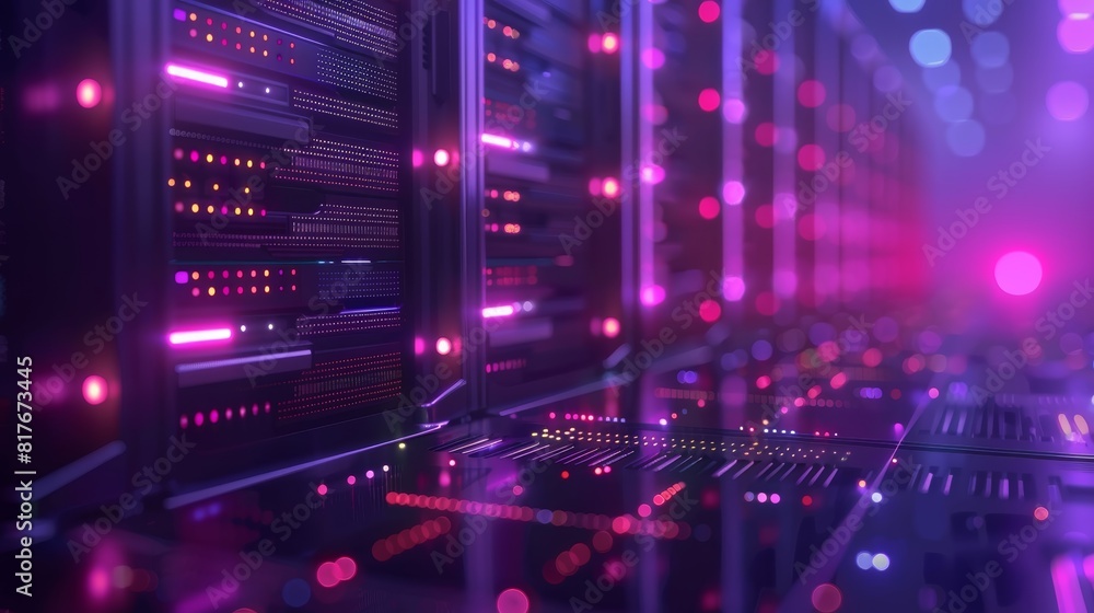 Poster the image is a glowing purple data center. rows of servers are lit up, creating a futuristic scene.