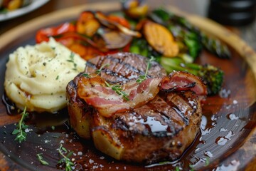 Bacon wrapped steak with veggies and mashed potatoes