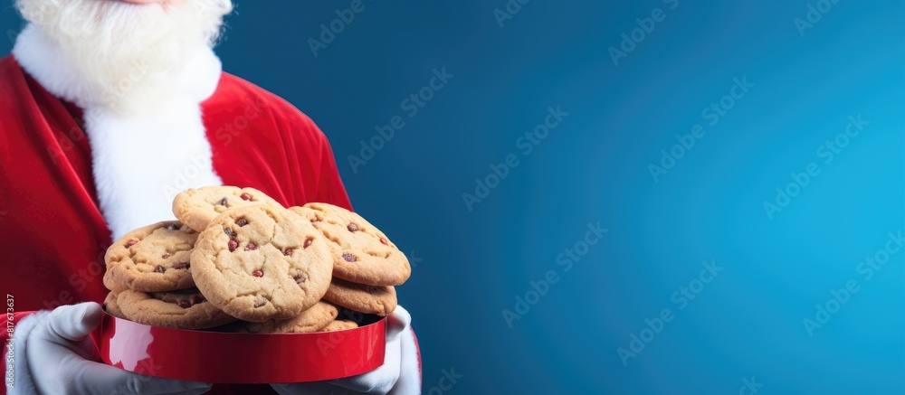 Poster santa hatted man holding gift box and delicious cookies framed by a blue background with ample space