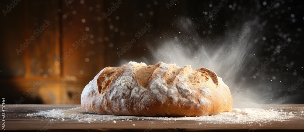 Poster Homemade bread with flour and grain on a wooden table background providing ample copy space for an image