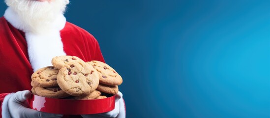 Santa hatted man holding gift box and delicious cookies framed by a blue background with ample space for text or additional images - Powered by Adobe