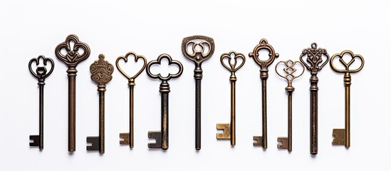 A group of vintage keys reminiscent of a bygone era placed on a plain white backdrop creating ample space for the image