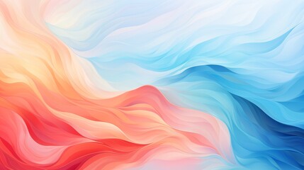 The image is a colorful abstract painting. It has a wave-like pattern and a gradient of orange, pink, and blue colors.