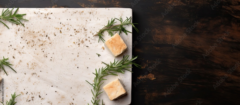 Poster a copy space image featuring a board with pieces of tofu cheese flavored with rosemary set against a