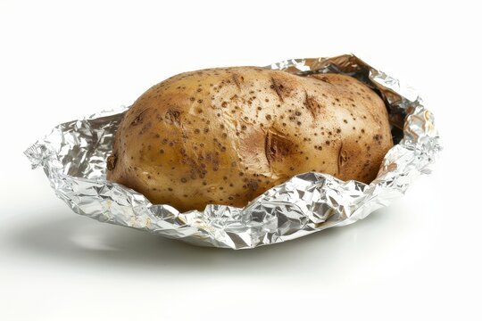 Baked potato in foil on white background with space for text Spuds are underground vegetable with carbs