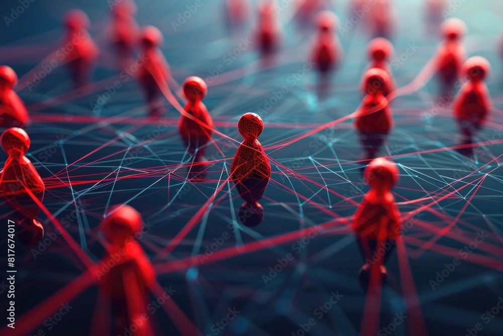 Poster A group of red people standing in a network. Suitable for business and technology concepts