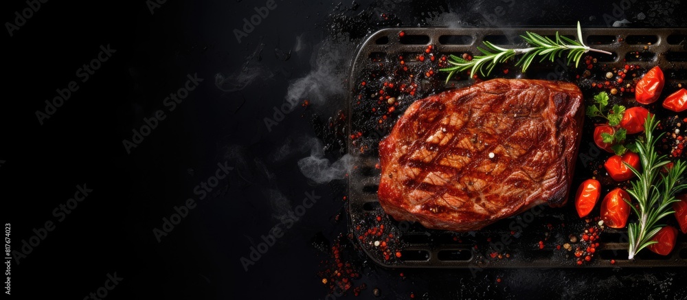 Poster Top view of a delicious steak being cooked on a dark background with ample copy space for an image