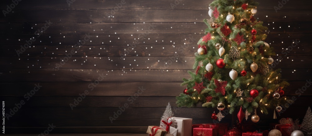 Poster A festive Christmas fir tree adorned with decorations placed on a wooden board with empty space for other images. Creative banner. Copyspace image