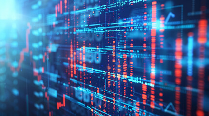Fototapeta premium A computer screen with a blue background and red and orange lines. The lines are in a grid pattern and appear to be numbers. Concept of technology and data