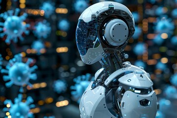 Fototapeta premium Advanced robotic entity engaged in realtime data processing against a backdrop of digital viruses, ideal for cybersecurity and AI defense systems