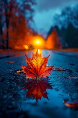 A maple leaf is on the ground at dusk.