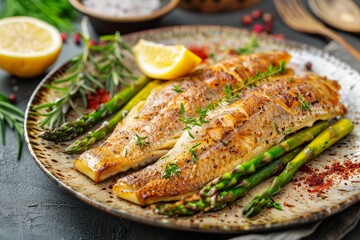 Baked tilapia and asparagus on ceramic plate Healthy Mediterranean meal