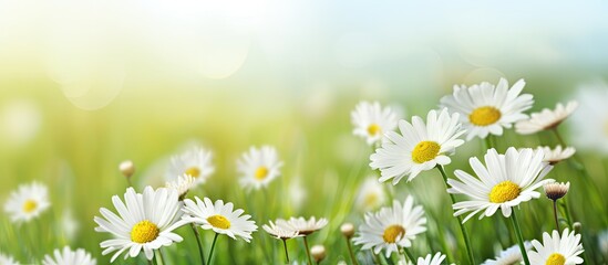 A beautiful summer rural landscape with white Field daisies blooming on a lush green field Perfect for a copy space image