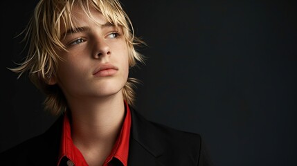 Stylish blonde teenage boy in a suit and red shirt posing against a dramatic pitch black background. Copy space for add text. - Powered by Adobe